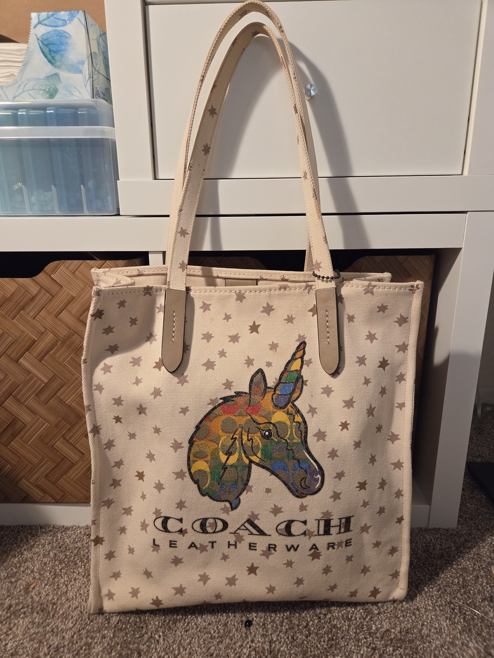 COACH Beige Canvas Unicorn Tote with Multicolor Motif